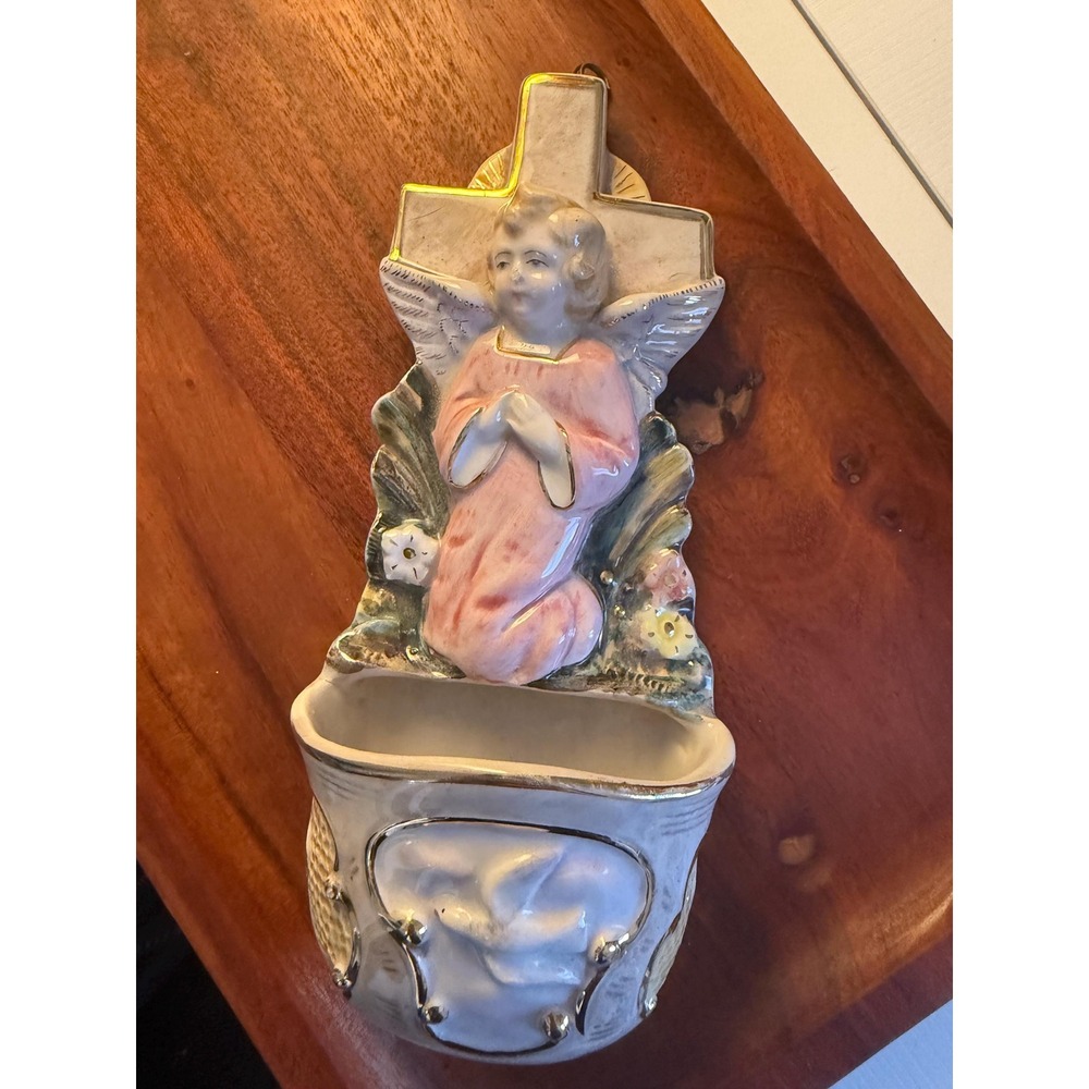 Vintage Porcelain Angel and Cross Holy Water Font‎ - Hand Painted- Gold Trim